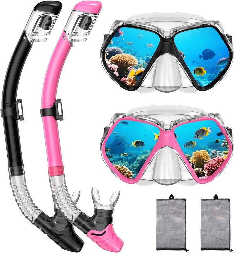 Jwintee 2 Pack Snorkeling Gear for Adults, Dry Snorkel, Mask Set Adult, Diving Scuba Mask, Scuba Gear, Swimming Goggles with Nose Cover, Swim Freediving Tempered Glass Panoramic View Travel Packages - Image 1